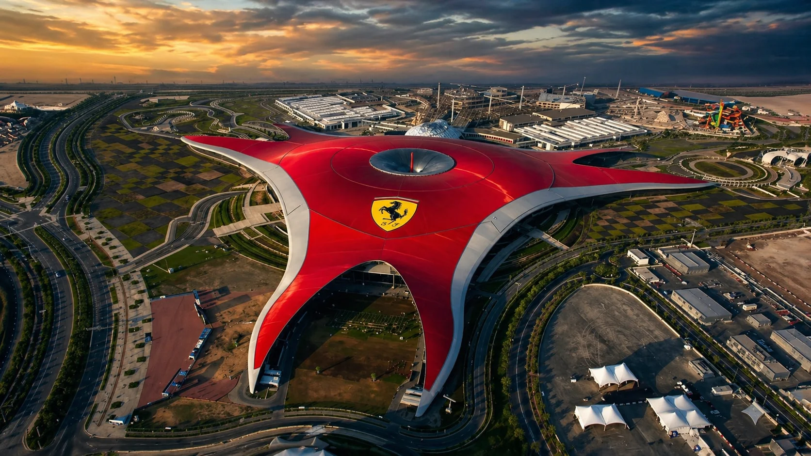 Ferrari World Abu Dhabi -- aerial view of the iconic red roof of the world's first Ferrari-branded theme park