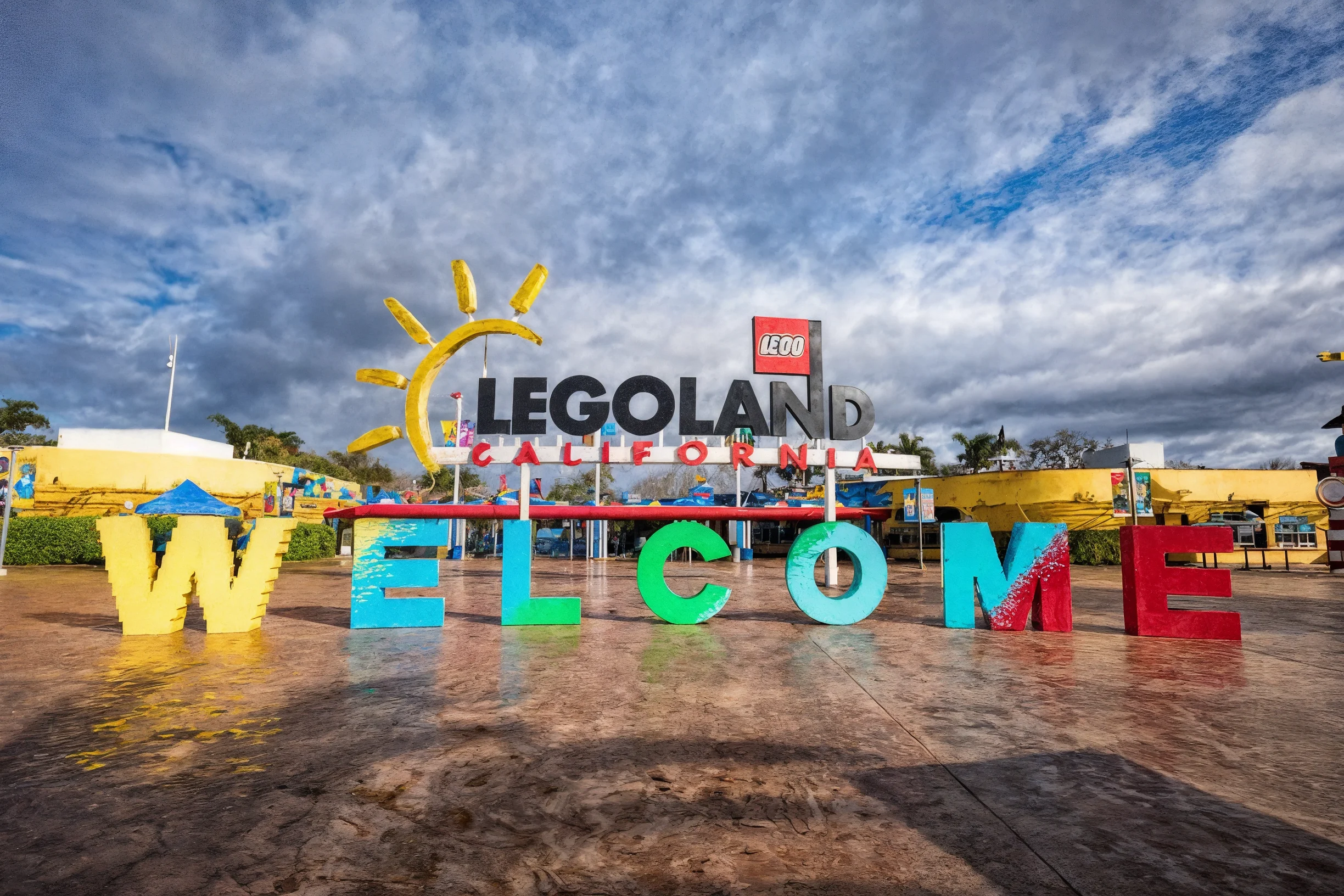 Legoland Windsor -- the park entrance and colourful brick-built landscape