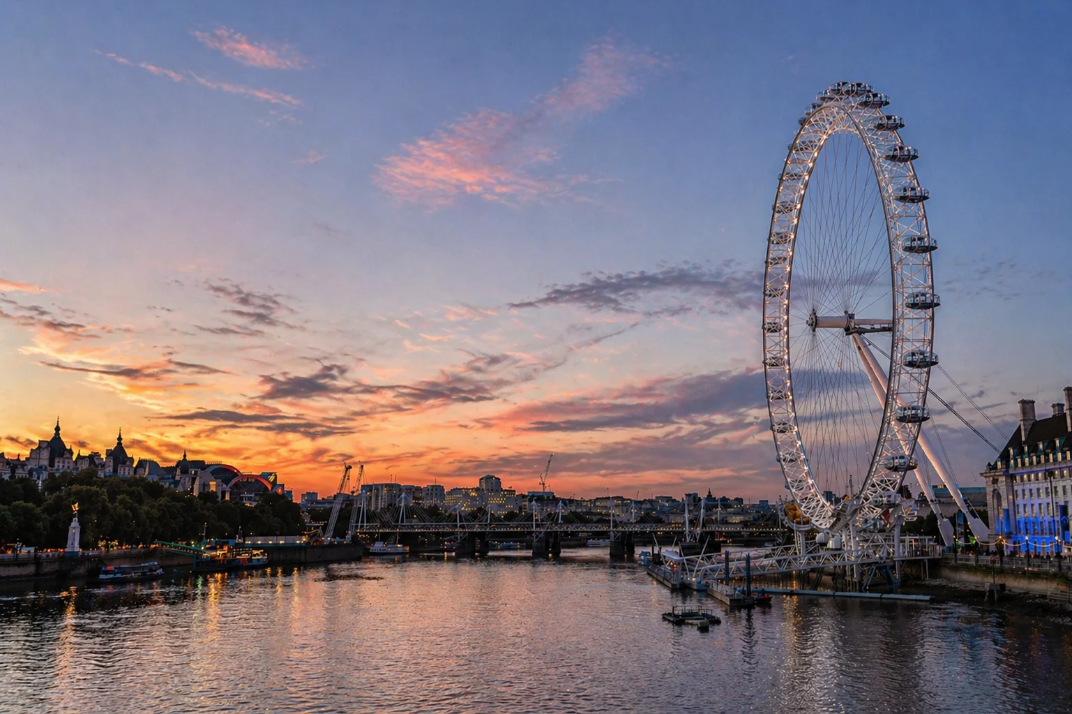 The London Eye observation wheel illuminated at dusk on the South Bank of the River Thames