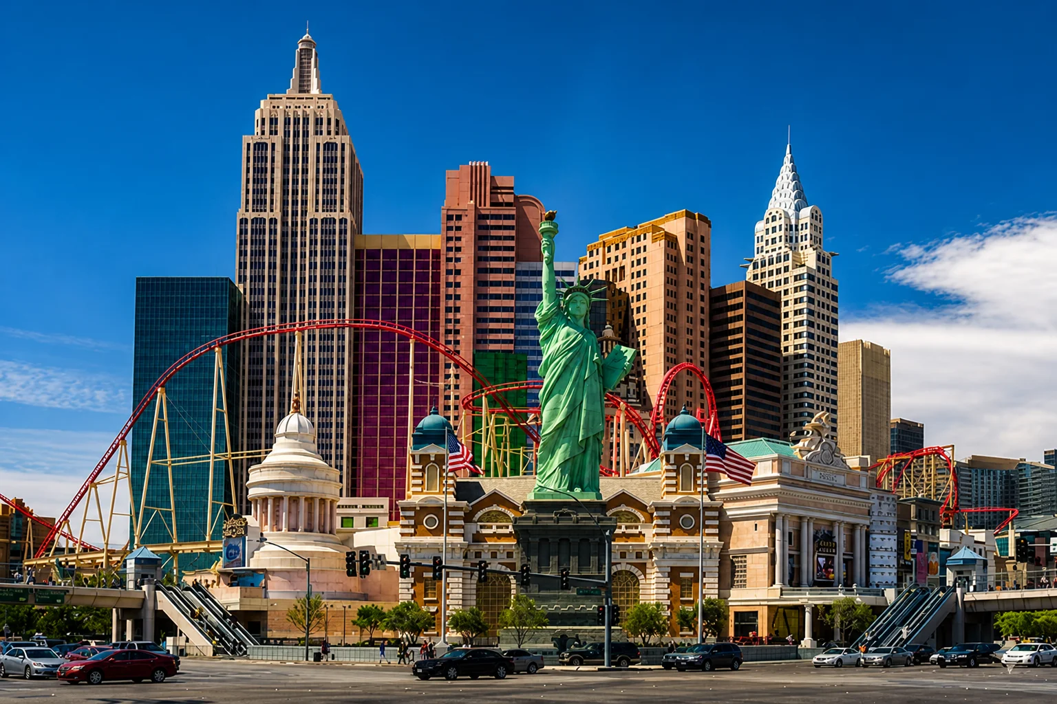 Manhattan Express roller coaster weaving through the New York-New York Hotel and Casino on the Las Vegas Strip