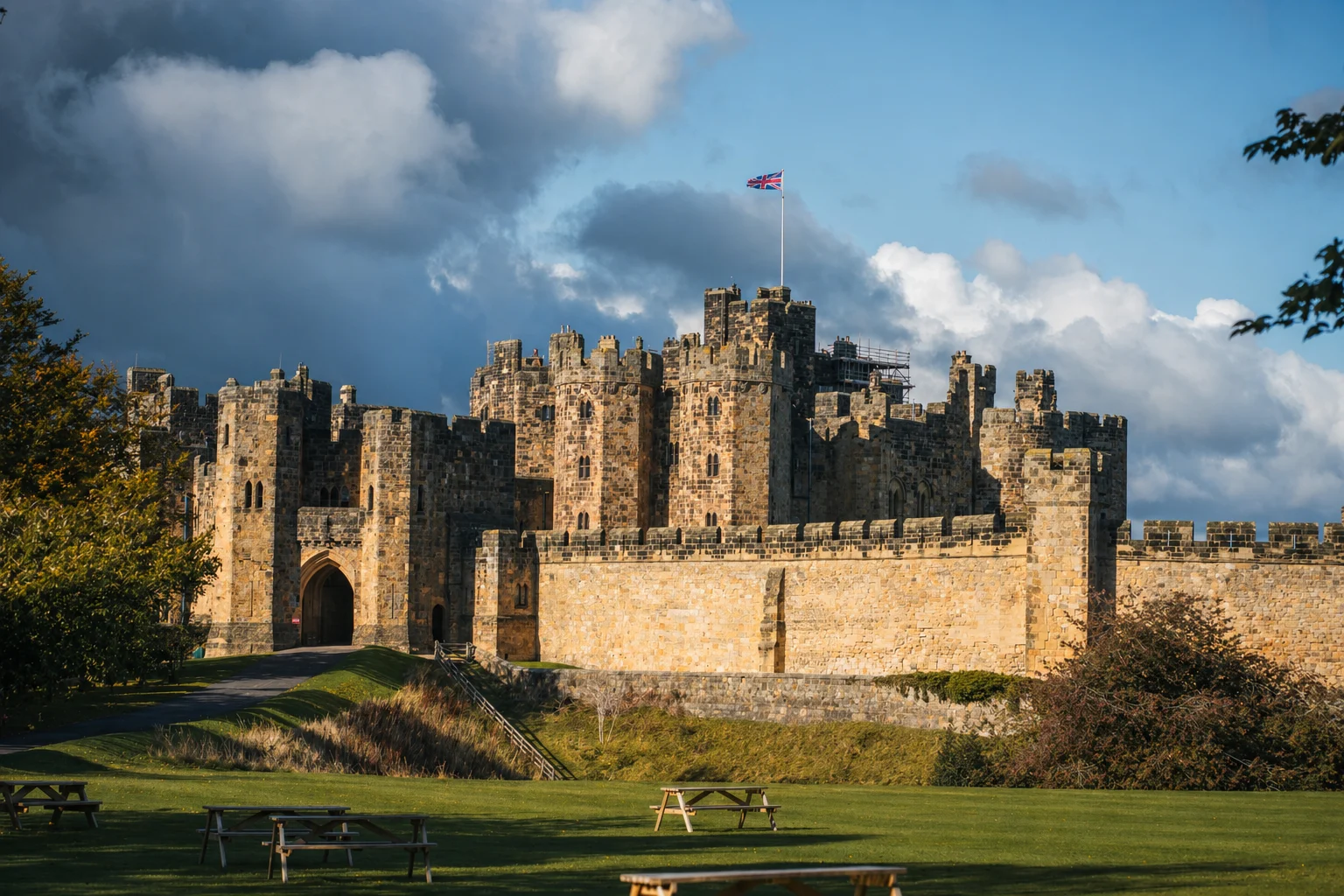 Alnwick Castle in Northumberland -- the historic medieval fortress viewed from the grounds