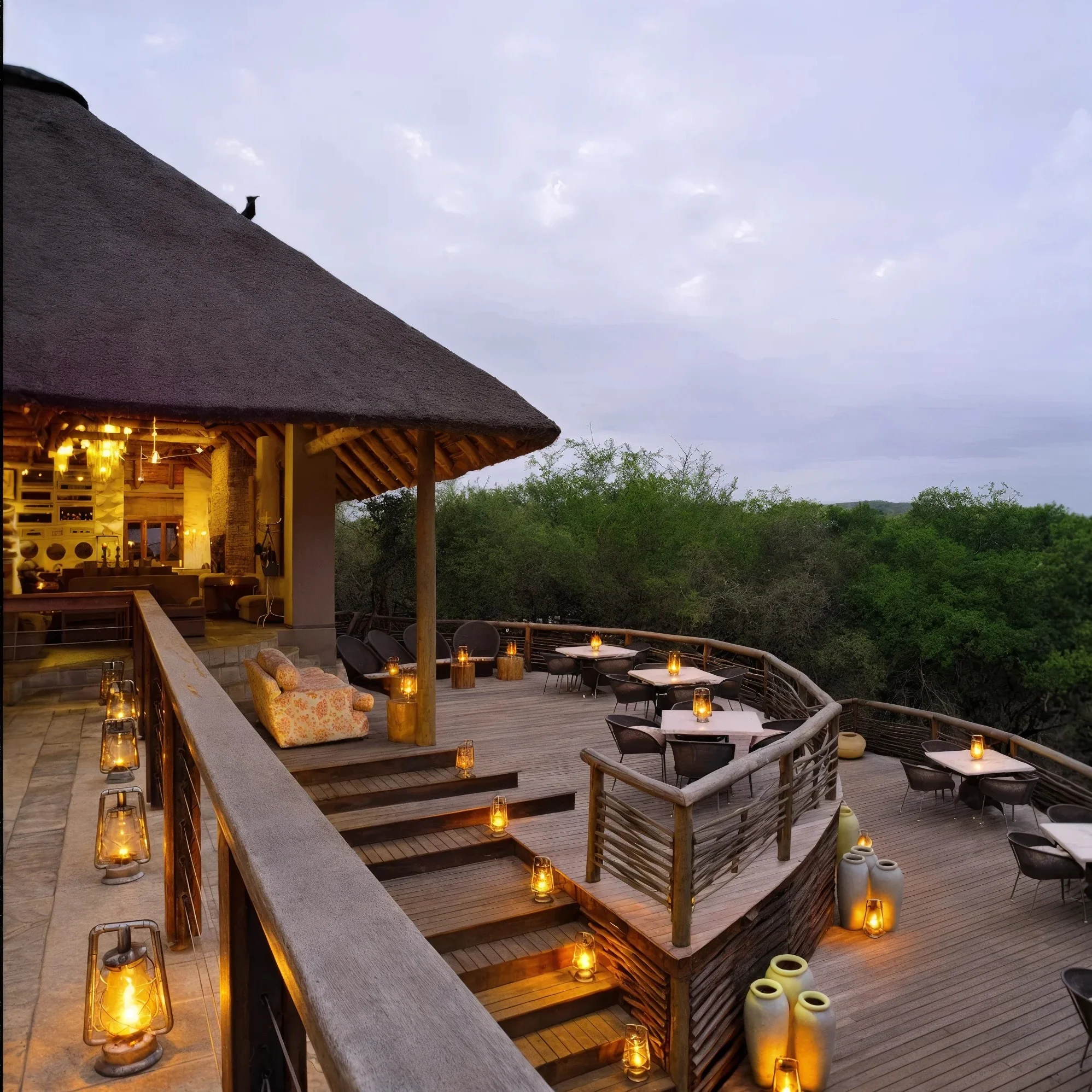 Phinda Private Game Reserve -- luxury safari lodge at dusk across the KwaZulu-Natal savanna